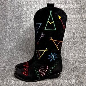 Vintage 80's Nina Boots Red River Embroidered‎ Suede Black Colorful 7.5 M
